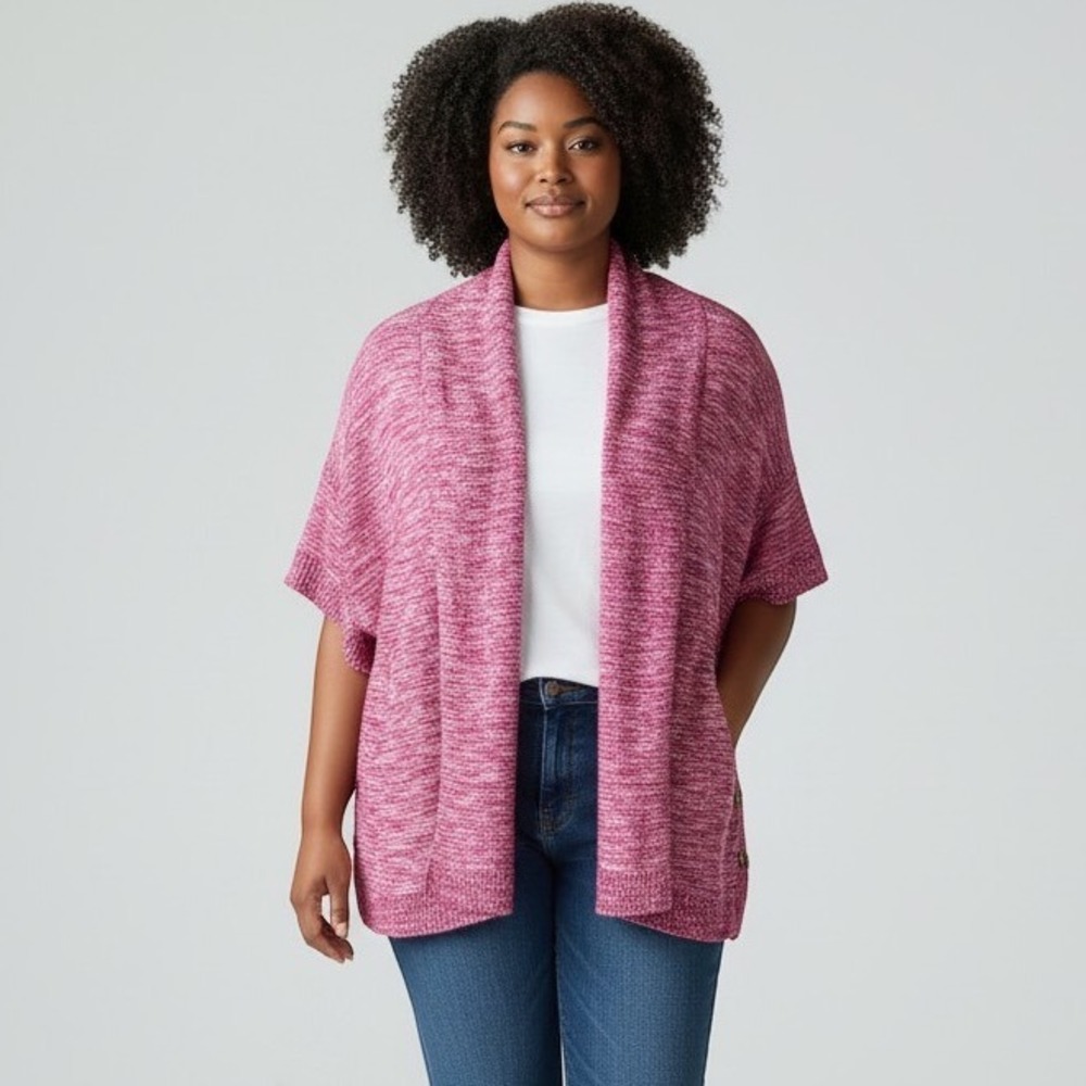 Lane Bryant Pink White Marled Knit Cardigan Sweater, Open Front V-Neck, 18/20